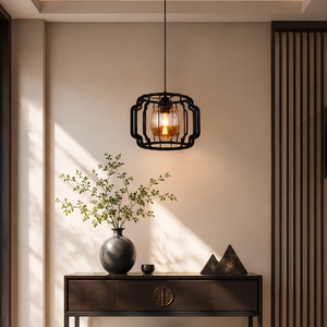 Nouvelle lampe suspendue en verre ambré avec globe en métal noir mat, style oriental, en promotion - Product Image 1