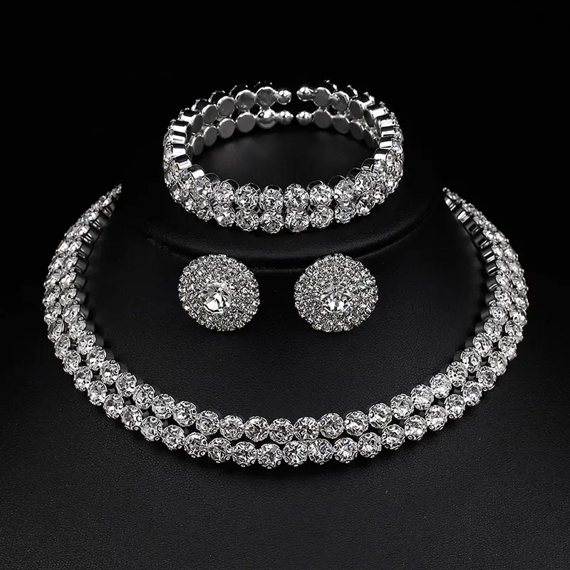 DAIHE Bridal Rhinestones Jewelry Set Multi Rows Rhinestones Choker Necklace Earrings Set For Wedding