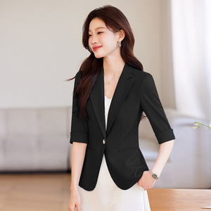 Women's Short Blazer Blue Solid Color Polyester Breathable Lightweight Suit Top For Casual Elegant Wear - Product Image 3
