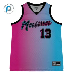 Kustom pria Maima cepat kering merah muda biru sublimasi memakai Jersey basket angka atas pakaian basket pemuda singlet seragam