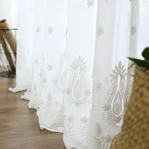 Cortina de tratamiento de ventana de gasa de poliéster transparente blanca de tamaño personalizado para sala de estar cortina bordada de tul de lujo