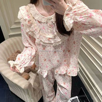 Ensemble de pyjama pour femmes, imprimé floral ours mignon, manches longues, dentelle à volants, gaze de coton douce, vêtements de maison amples, tenue de nuit douce pour femmes
