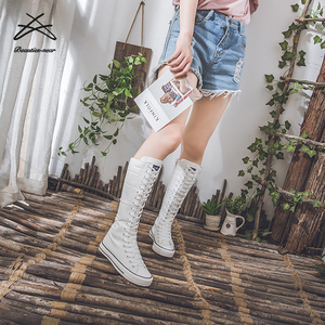 2023 nuevas botas de lona para mujer, botas largas, zapatos con cremallera, zapatos planos blancos, plataforma alta con cordones, zapatillas vulcanizadas cómodas con cremallera - Product Image 6