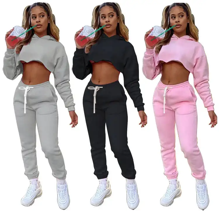 2021 Jogger Ladies Hoodes Womens Clothing 2 pc Two Piece Set For Women Outfit Long Sleeve Hoodie Crop Top Sweat Pants Suits Sets