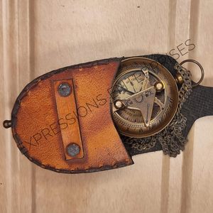 Brass Sundial <b>Compass</b> with Leather & <b>Chain</b> Portable Hanging Ring for Hiking Navigation - Product Image 3