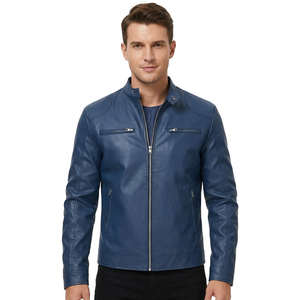 Chaqueta de cuero genuino azul para hombre, tejida, con logo frontal, capucha, cuello alto, cremallera, estilo motero, corte ajustado, color liso, primavera - Product Image 1