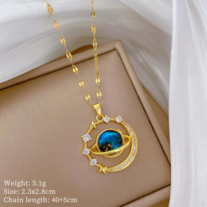 Collier <span class=keywords><strong>en</strong></span> acier inoxydable avec pendentif planète ciel étoilé, entièrement serti de zircons, chaîne <span class=keywords><strong>en</strong></span> bambou, chaîne de clavicule, polyvalent pour le quotidien - Product Image 4