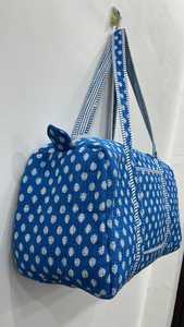 Blue Cotton Duffle Bag With White Pattern Zipper Closure Bohemian Style <b>Travel</b> Weekend <b>Holdall</b> All Seasons Use - Product Image 3