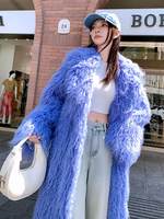 Manteau de luxe en vraie fourrure de mouton tibétain bleu périvinkle pour femme, longue veste en fourrure de mouton de Mongolie bouclée, véritable pardessus en fourrure de mouton brun