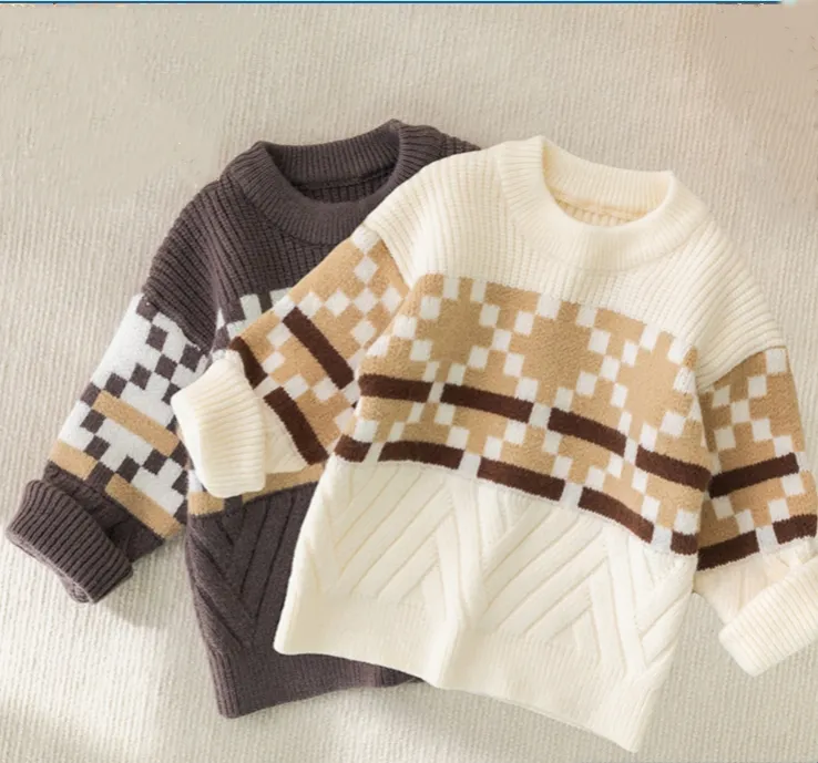 ओएम कारखाने कस्टम शरद ऋतु सर्दियों ओ-गर्दन प्रिंट बुना हुआ बच्चे लड़के पुलोवर स्वेटर