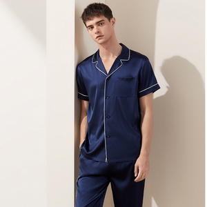 Nuovo arrivo del commercio all'ingrosso di lusso blu di notte insieme del vestito degli uomini degli indumenti da notte <span class=keywords><strong>pigiama</strong></span> di raso di seta degli uomini - Product Image 1