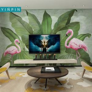家の装飾のためのデザイン芸術的なかわいいフラミンゴバナナの葉の壁紙壁画 - Product Image 1