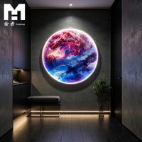 Décoration Murale Ronde LED : Affiches et Impressions Artistiques Colorées Lune et Nébuleuse, Tableau Luxe Terre sur Toile Encadrée