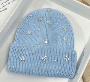 Gorros de Punto de Lujo al por Mayor con Cristales de Imitación para Mujer, Gorros de Invierno de Alta Calidad con Pelo de Conejo para Dama - Product Image 3