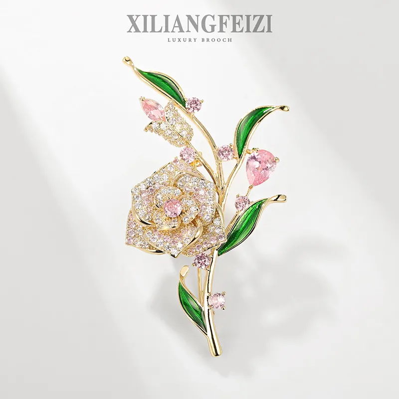 XILIANGFEIZI 2022 Creative Design Natural Freshwater Pearl Zircon 18K Gold Plant Rose Flowers Brooches For Gift