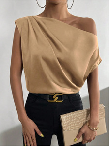 2026 Retro Breathable Solid Color <b>Satin</b> Simulated Silk One off Shoulder Sleeveless Pullover <b>Blouse</b> for Women - Product Image 4