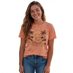 Camiseta de Jersey con Estampado de Palmeras al Atardecer para Mujer, Cuello Redondo Color Durazno, Manga Corta, Transpirable, Informal, para Verano - Product Image 1