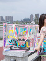 Sac de plage et de natation en PU Laser Jelly, grande capacité, étanche, transparent, portable, avec deux poignées, sac à bandoulière, motif lettres, ouverture supérieure