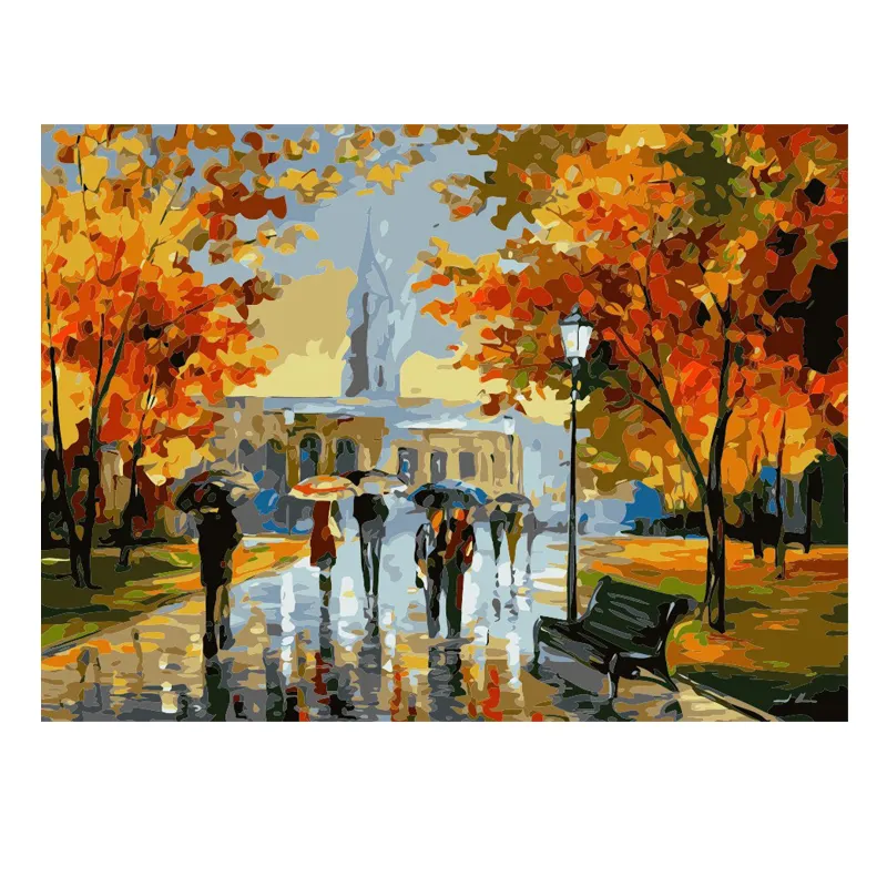 油絵雨の秋の日に通りで傘を持って歩く歩行者キャンバスのDiy装飾絵画