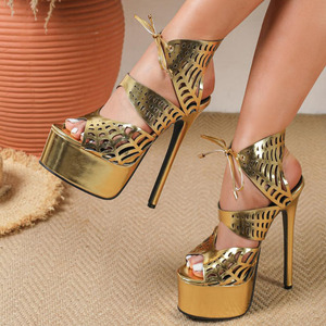 Sandales à talons hauts pour femmes, sexy, à lacets sur le devant, plateforme épaisse, bout ouvert, style club, pour danseuses, découpées, dorées - Product Image 2