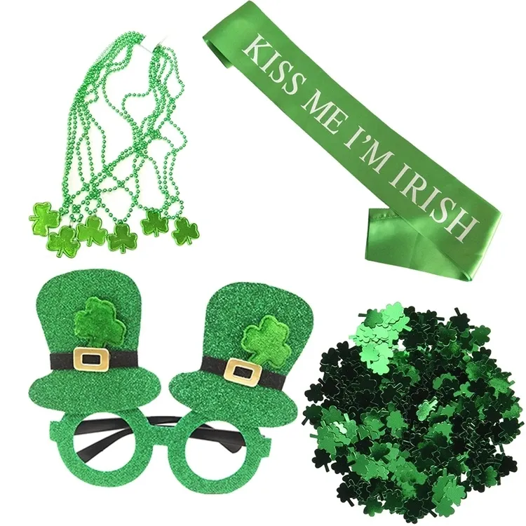 Hstyle St. Patrick của ngày Đảng ủng hộ thiết lập màu xanh lá cây shamrock Vòng cổ kính mắt Kiss Me I am Irish Sash Saint Patrick của ngày trang phục