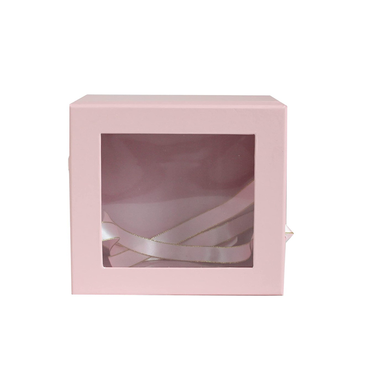 Luxury Square Presentation Gift Box White Print with Transparent Top Double Layer Interior White and Gold Satin Ribbon Handles