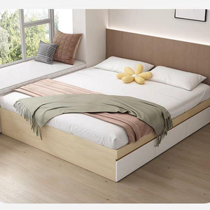 XHA Minimalist Wooden <b>Storage</b> <b>Bed</b> With Fabric Upholstery Natural Wood And Warm <b>White</b> Color Full Size Soft <b>Bed</b> - Product Image 1