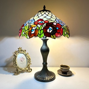 LongHuiJing for 16 Inch Mediterranean Style Stained Glass Rose Multicolored Dome Shade AC Table Lamp for Living Room Bedroom - Product Image 3