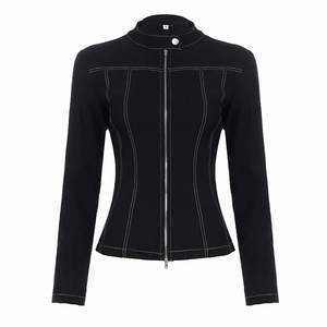 Faux Denim Color Block Biker Jacket Women's Zip Up Stand Collar Long Sleeve Coat Y2K Streetwear Casual Outerwear Fashion - Product Image 6