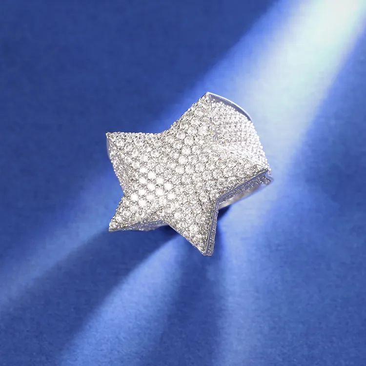 عرض خاص على المجوهرات الفضية VVS المويسانيتي الماس الهيب هوب خاتم مثلج على شكل نجمة