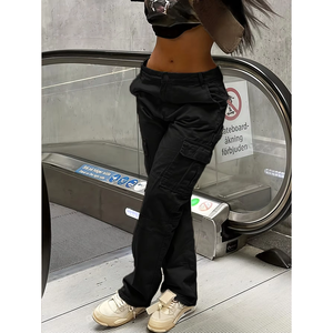 USA Free Shipping Ladies High Street Baggy Straight Leg <b>Cargo</b> Pants Multi-Pocket Denim Fabric High Waist Style Ladies' Casual - Product Image 1