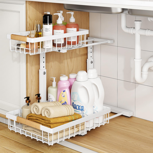 Lot de 2 étagères coulissantes blanches à 2 niveaux pour rangement sous l'évier, organisateur de placard en métal pour cuisine, salle de bain, garde-manger, placard - Product Image 5