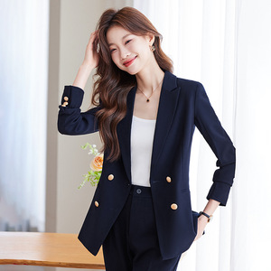Women's Navy Blue Suit Set Double Breasted Solid Color Anti-Wrinkle Polyester Casual Wear For Office And Interviews - Product Image 3
