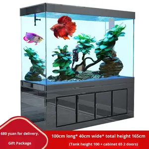 Grand <span class=keywords><strong>aquarium</strong></span> mural sur pied, lumière de luxe, verre ultra blanc avec filtre inférieur pour salon - Product Image 6