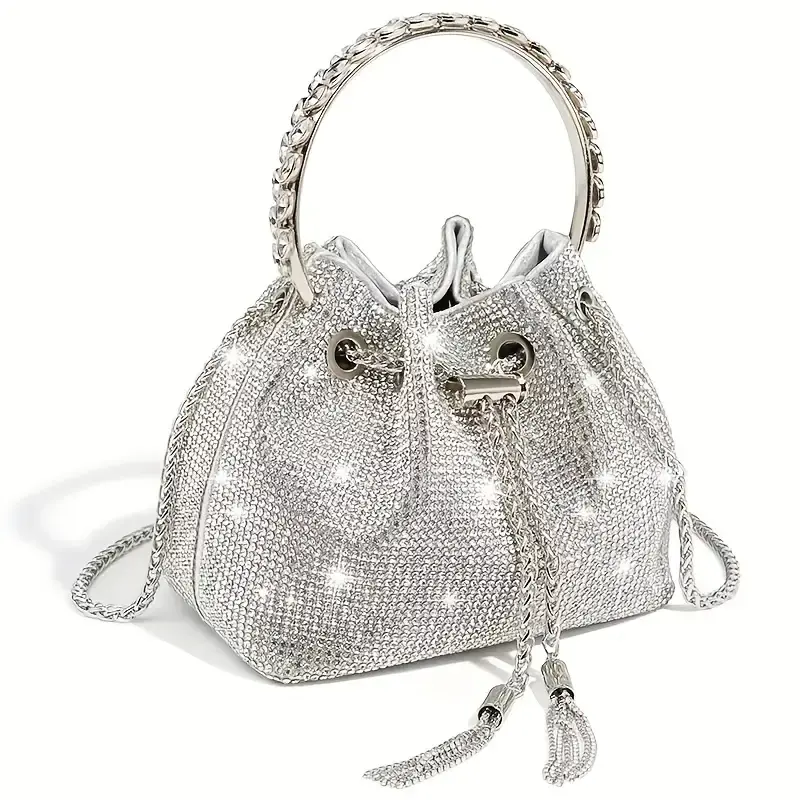 Wholesale Bling Rhinestone Decor Bucket Bag, Trendy Chain Crossbody Bag, Women's Top Ring Handbags For Prom Party Wedding