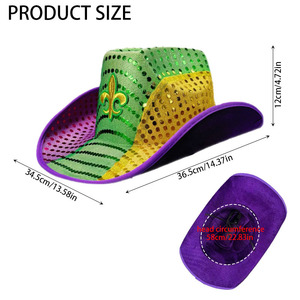 Sombrero de Disfraz de Vaquero de Mardi Gras con Lentejuelas Brillantes de Color Morado, Verde <span class=keywords><strong>y</strong></span> Dorado con Luces LED - Product Image 6