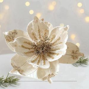 Factory 24cm Cloth Glitter <b>Poinsettia</b> Christmas Velvet <b>Artificial</b> Magnolia Flowers Durable Fashionable for Holiday Tree - Product Image 5