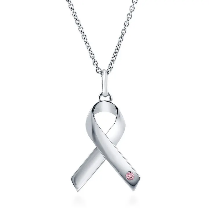 925スターリングシルバー勇気希望の強さは、膵臓のがんを防ぎますリボンの形のペンダントネックレス