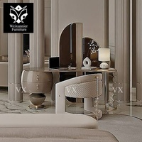Ensemble de coiffeuse moderne de luxe avec miroir sur pied et chaise, bureau de maquillage personnalisé, cadre doré, mobilier de chambre d'hôtel, directement de l'usine