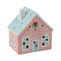Maison de pain d'épices en céramique rose personnalisée en usine, avec LED, peinte à la main, trou de ventilation creux, style unique, décoration de Noël pour la maison, OEM ODM