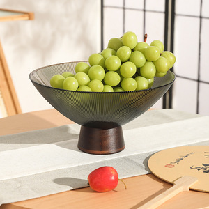 Piring Buah Kaca Berdiri Tinggi dengan Alas Kayu Solid Vintage Baru Gaya Cina untuk Ruang Tamu Rumah Tangga Meja Kopi Kelas Atas - Product Image 4
