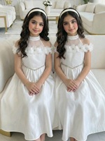 Nouvelle Robe de Princesse en Dentelle Unie pour Filles, Blanche, avec Fleurs en Relief, Col Halter et Épaules en Satin, ODM, Été pour Enfants