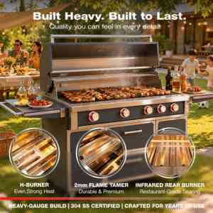 Barbecue à gaz autonome de luxe gris en acier inoxydable 304 de 12 mm avec grille de cuisson de 828 pouces carrées pour cuisine extérieure – Entrepôt américain - Product Image 2