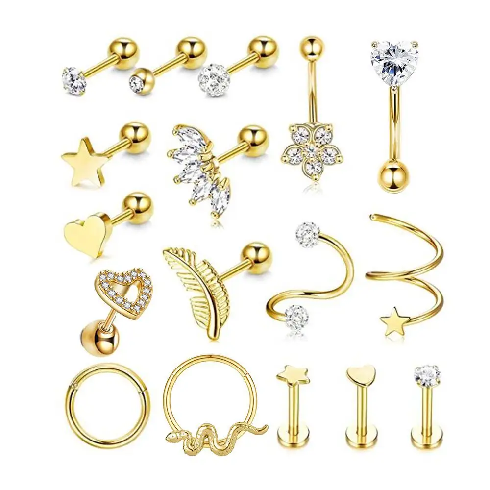 All'ingrosso moda oro gioielli Piercing anello ombelico 17 pezzi/set in acciaio inox zircone naso anello Piercing gioielli per le donne