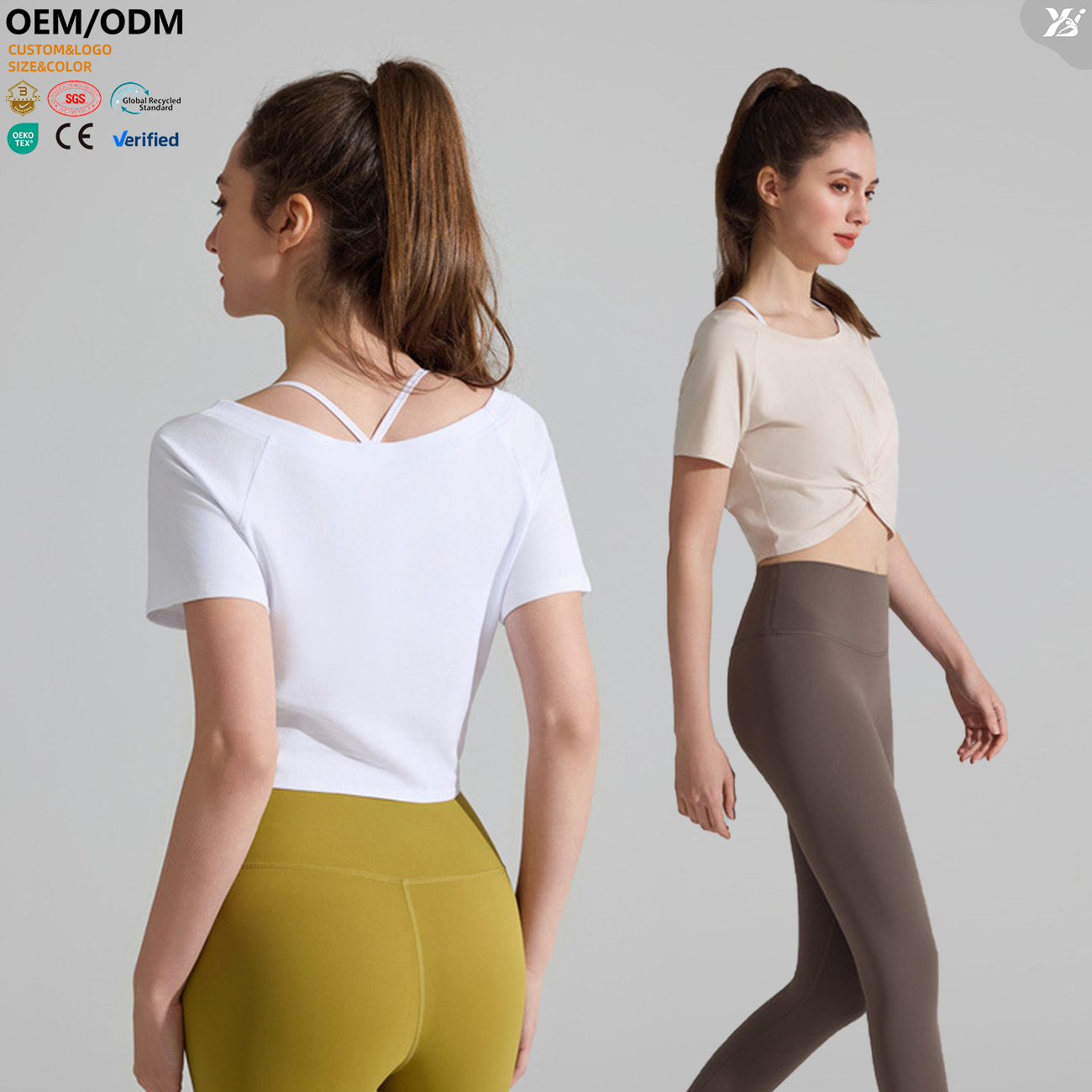 XW-YD457 Women's Sporty Tee Neck Short Sleeve Twisted Hem Quick-Drying Moisture-Wicking Breathable Gym Running Yoga Crop Top