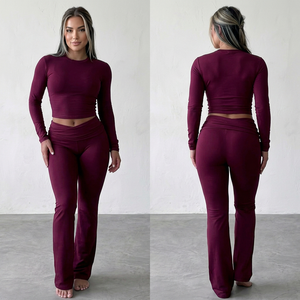 Women's Solid Color Thermal <b>Flared</b> High Waist Full Length Seamless Stretch Knit <b>Leggings</b> Gym Casual Lounge Wear - Product Image 5