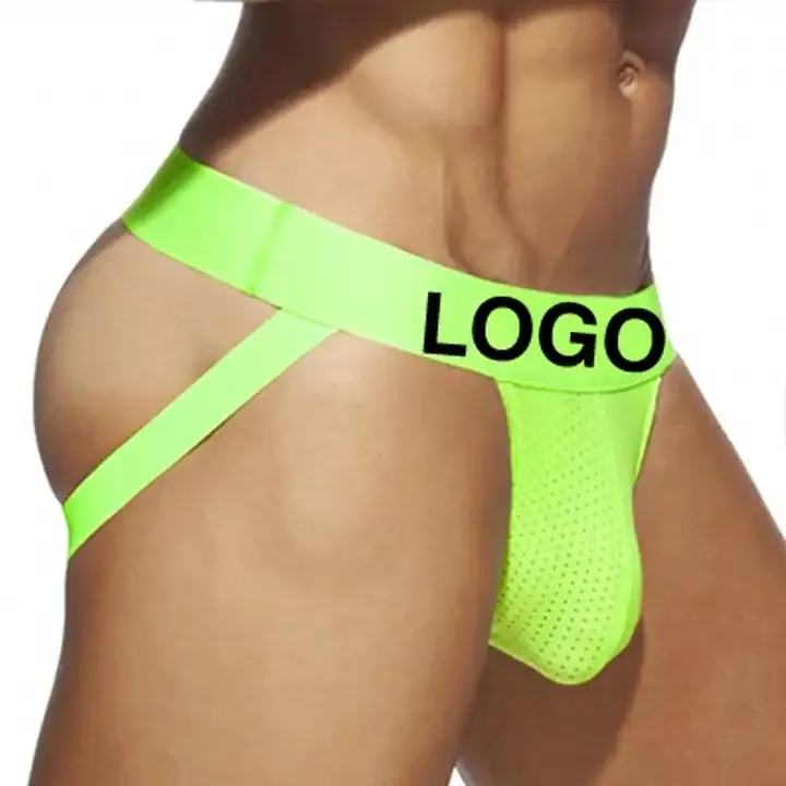 Logo kustom Lingerie erotis murah Jock Gay pria pria pakaian dalam hijau seksi Thong Homme Jockstrap Mesh Jock tali spandeks