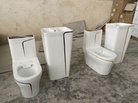 Inodoro de Cerámica Moderno con Líneas Doradas, Lavabo Integrado, Juego de Sanitarios de Cerámica para Baño