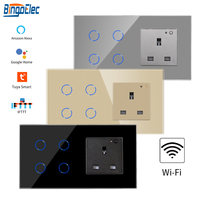 Interrupteur tactile intelligent WiFi Tuya avec prise murale britannique 4 gangs, contrôle tactile, moniteur de puissance