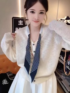 Elegante Cardigan cor sólida manga comprida das mulheres malha camisola com gola gravata para Primavera Outono pendulares - Product Image 5